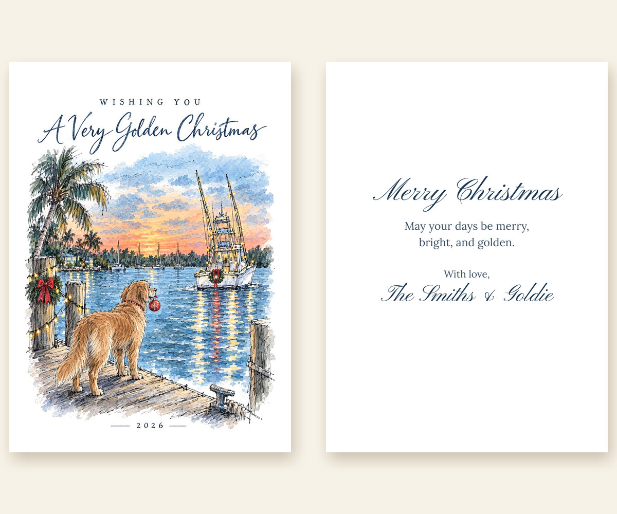 The card front beside an inside page reading Merry Christmas, signed The Smiths and Goldie