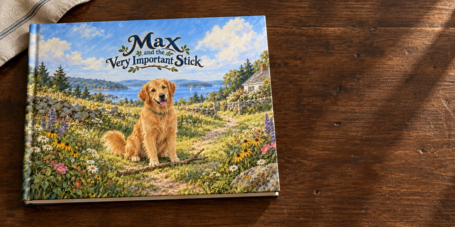 Max’s personalized storybook on a wooden table