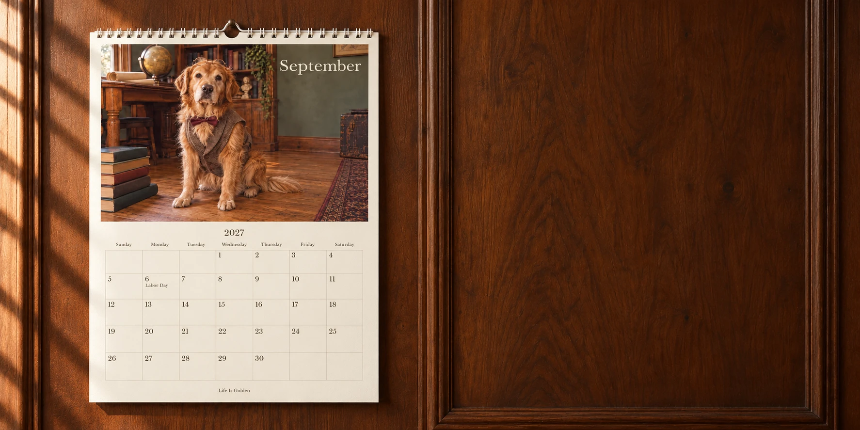 A complete personalized wall calendar showing the golden retriever photo and September grid