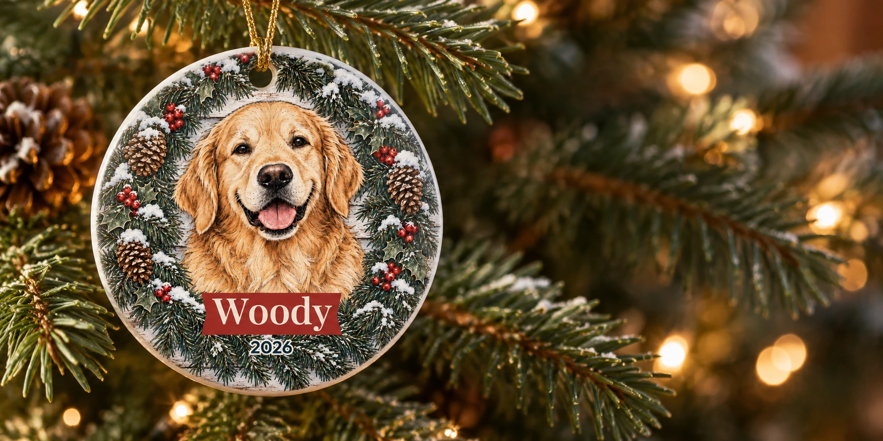 A golden retriever Holiday Wreath ornament hanging on a Christmas tree