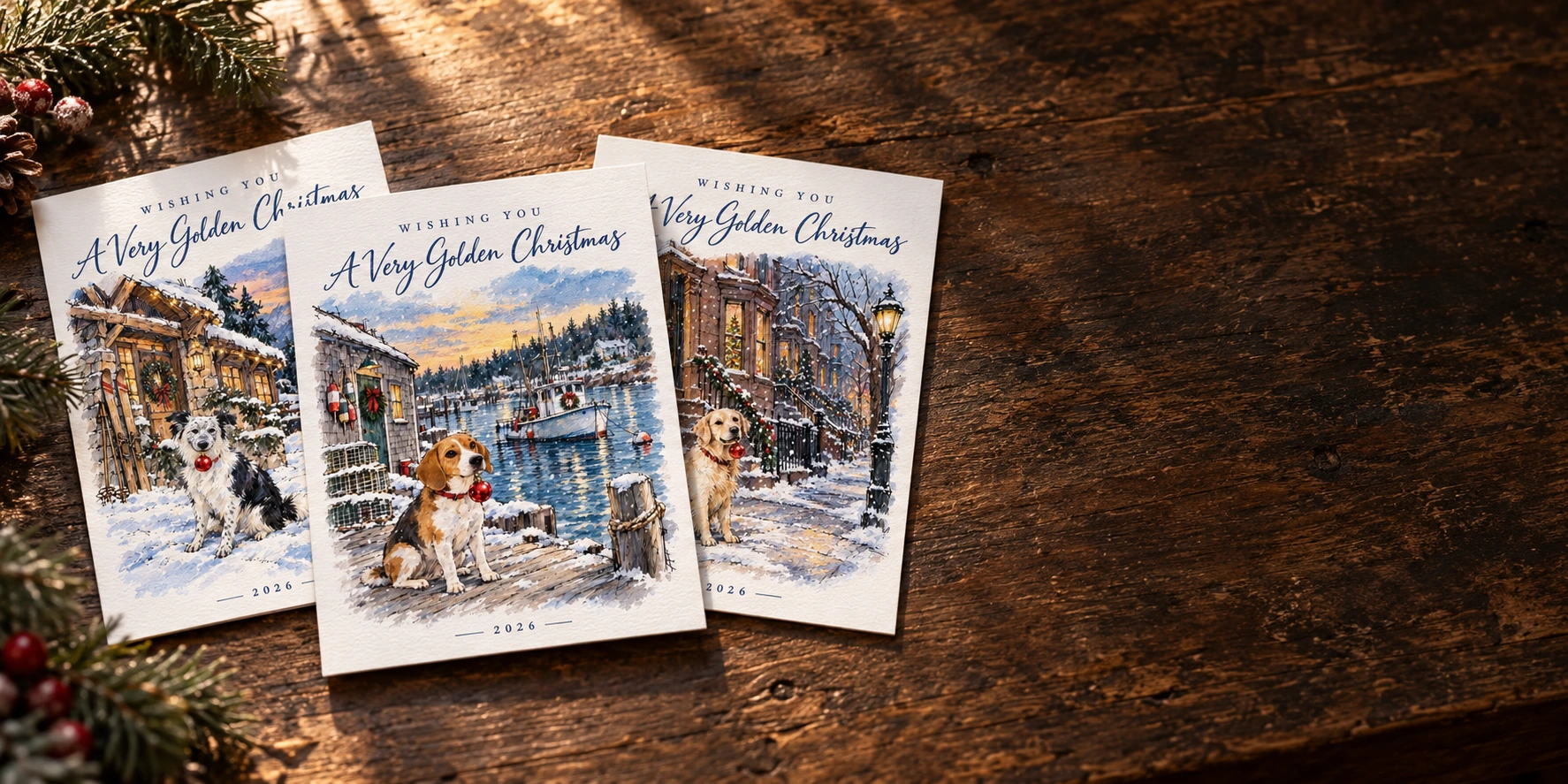 Three watercolor dog Christmas cards fanned on a dark wooden table, with quiet space to the right.