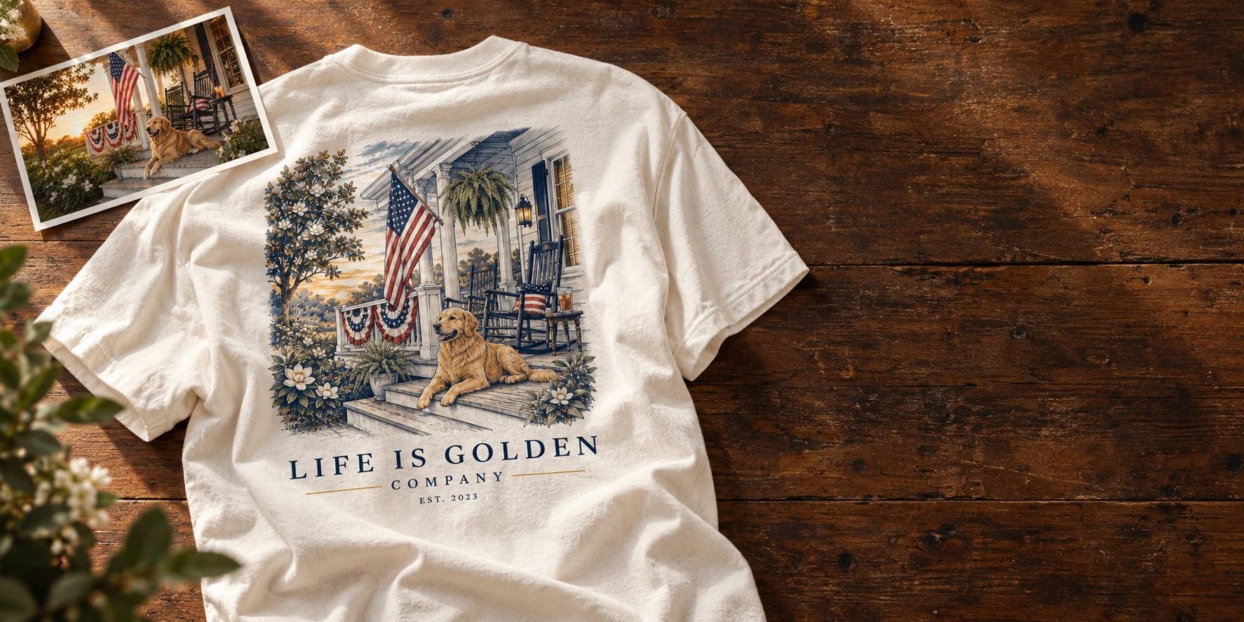 An ivory personalized tee with dog-and-porch artwork beside its small reference photograph on a wooden worktable.
