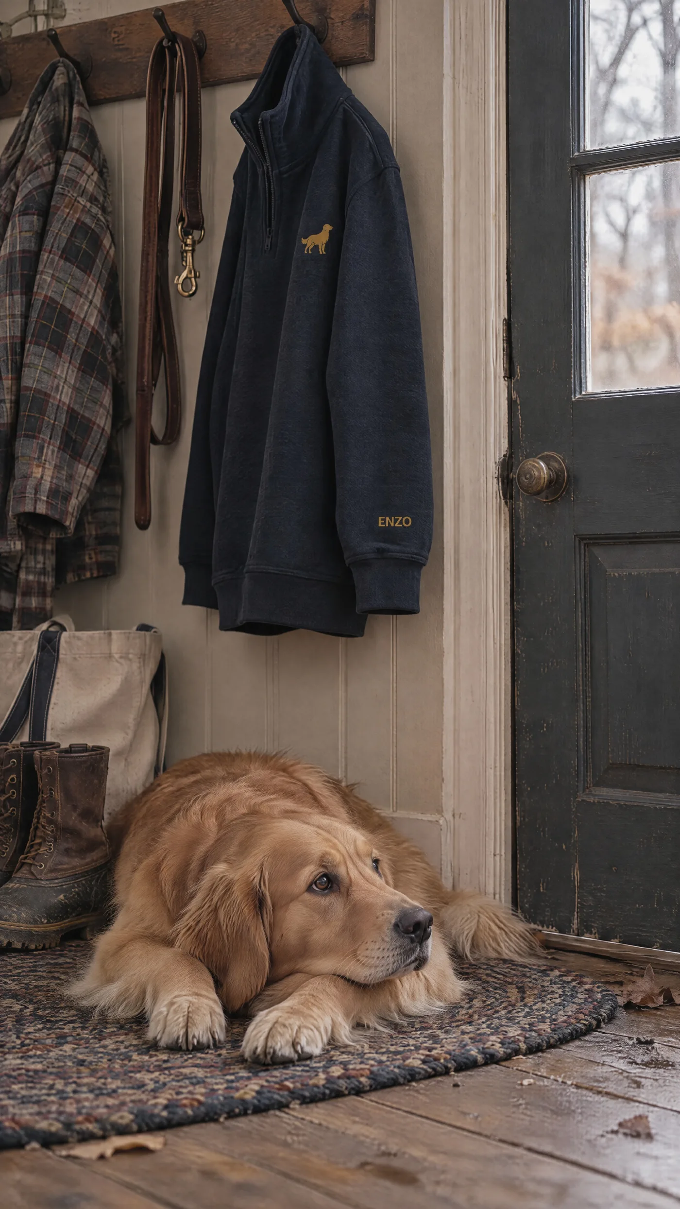 A navy embroidered quarter zip hangs by the door while a Golden rests nearby