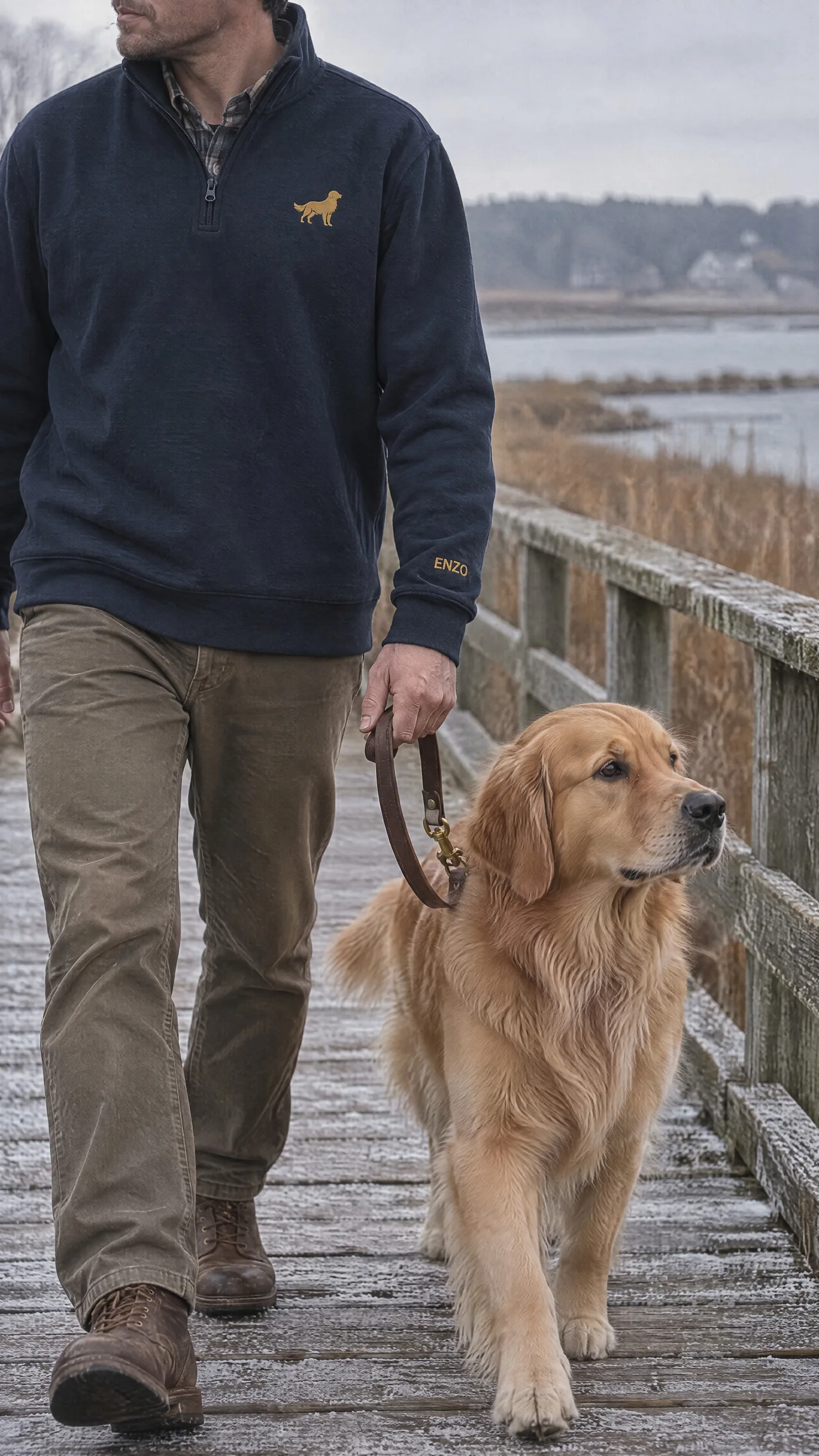 A person wearing a navy Golden quarter zip walks their Golden along a winter boardwalk