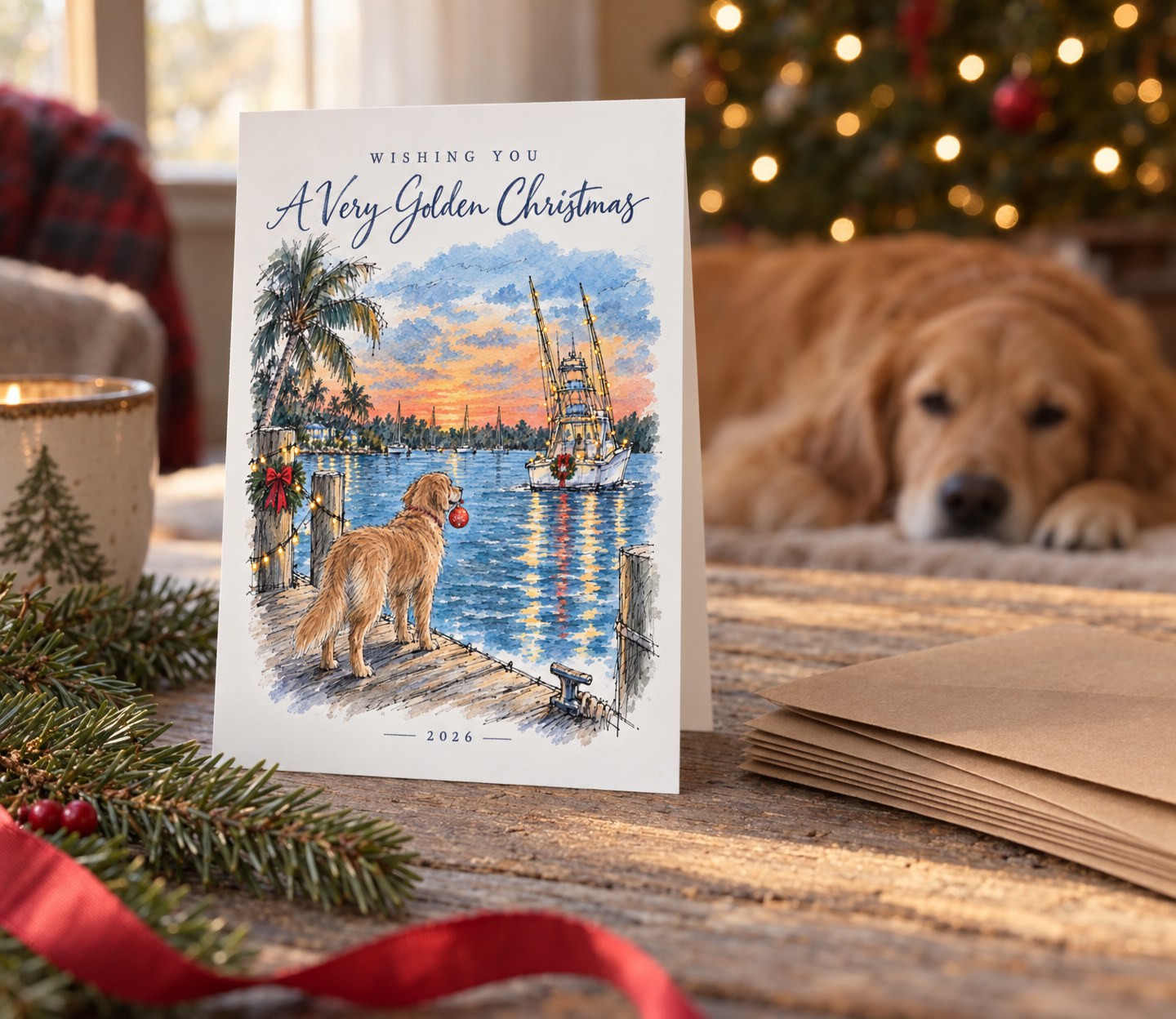 A Very Golden Christmas card with a golden retriever on a marina dock at dusk