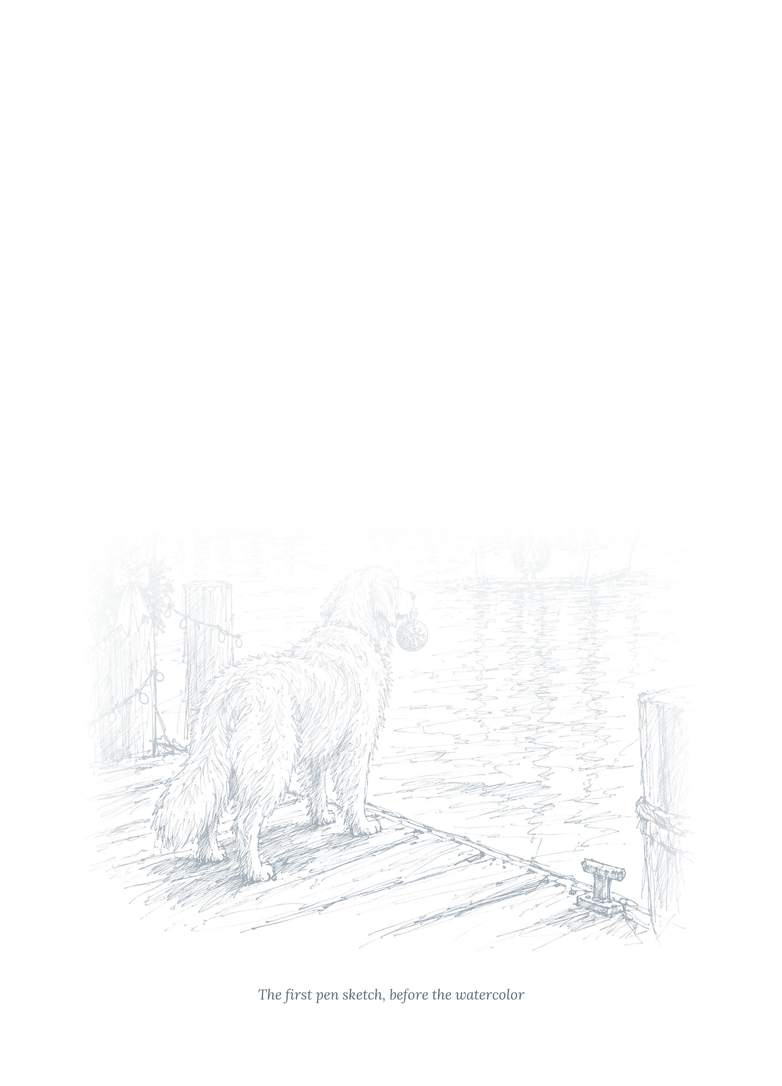 The inside-left page: a faint pen sketch of the golden on the dock
